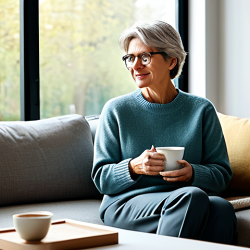 Home 8 A content middle-aged woman, elegantly dressed in a modest, comfortable sweater and trousers, is seated comfortably on a modern, neutral-toned sofa, holding a cup of tea, with a serene expression. Her posture is natural and relaxed. The setting is a minimalistic, sunlit living room with large windows. Subtle smart home elements like ambient lighting and a sleek, non-descript smart device are visible on a nearby coffee table. Professional photography, high resolution, soft natural lighting, safe for work, appropriate content, fully clothed, modest clothing, perfect anatomy, correct proportions, natural pose, well-formed hands, proper finger count, natural body proportions, family-friendly.