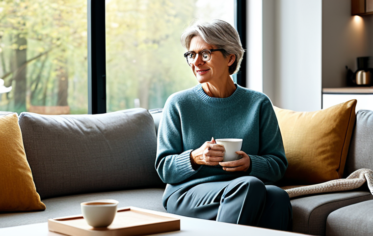 A content middle-aged woman, elegantly dressed in a modest, comfortable sweater and trousers, is seated comfortably on a modern, neutral-toned sofa, holding a cup of tea, with a serene expression. Her posture is natural and relaxed. The setting is a minimalistic, sunlit living room with large windows. Subtle smart home elements like ambient lighting and a sleek, non-descript smart device are visible on a nearby coffee table. Professional photography, high resolution, soft natural lighting, safe for work, appropriate content, fully clothed, modest clothing, perfect anatomy, correct proportions, natural pose, well-formed hands, proper finger count, natural body proportions, family-friendly.