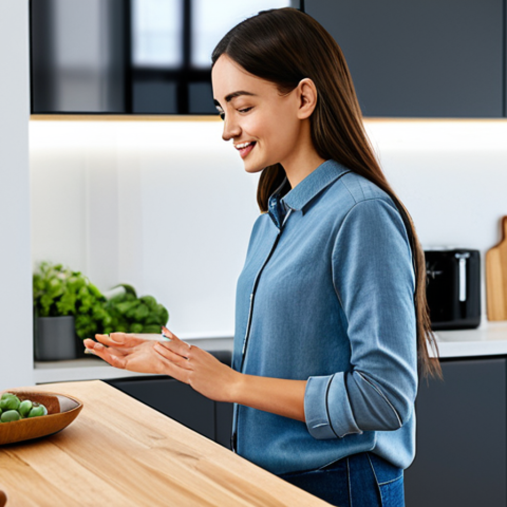 **
"A modern kitchen with a friendly, fully clothed woman using a voice assistant (like Alexa) to control her smart appliances. The kitchen is clean and well-lit. Focus on the ease of use and convenience. She is wearing casual, modest clothing. Safe for work, appropriate content, fully clothed, professional, perfect anatomy, correct proportions, natural pose, well-formed hands, proper finger count, natural body proportions, family-friendly."
**