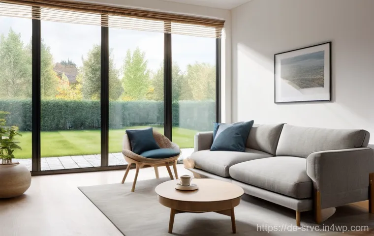 AI 집사 서비스와 일상 생활의 변화 - A serene and organized German smart home living room in the early morning. A person, casually dresse...