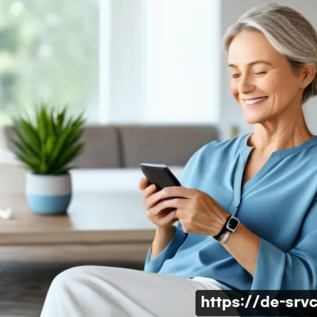 AI 집사 서비스로 가능한 건강 관리 방법 - A calm, middle-aged woman is comfortably seated in a brightly lit, modern living room, gently smilin...