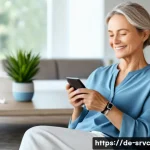 Home 21 AI 집사 서비스로 가능한 건강 관리 방법 - A calm, middle-aged woman is comfortably seated in a brightly lit, modern living room, gently smilin...