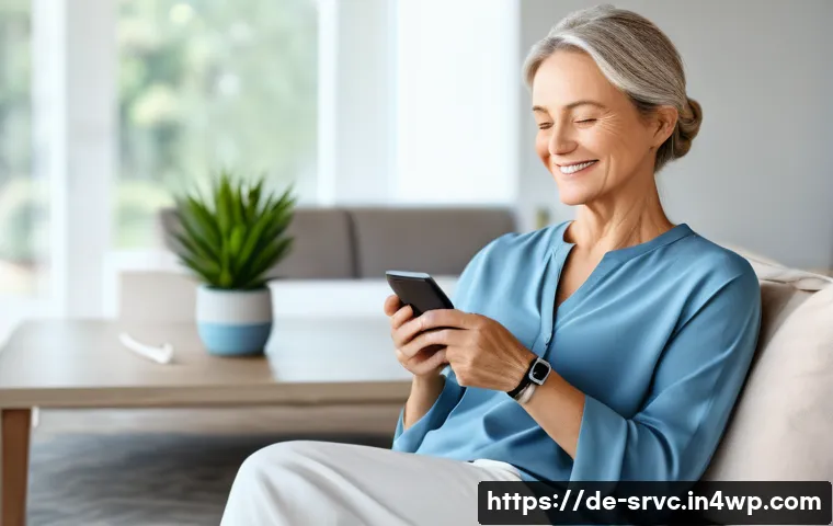 AI 집사 서비스로 가능한 건강 관리 방법 - A calm, middle-aged woman is comfortably seated in a brightly lit, modern living room, gently smilin...