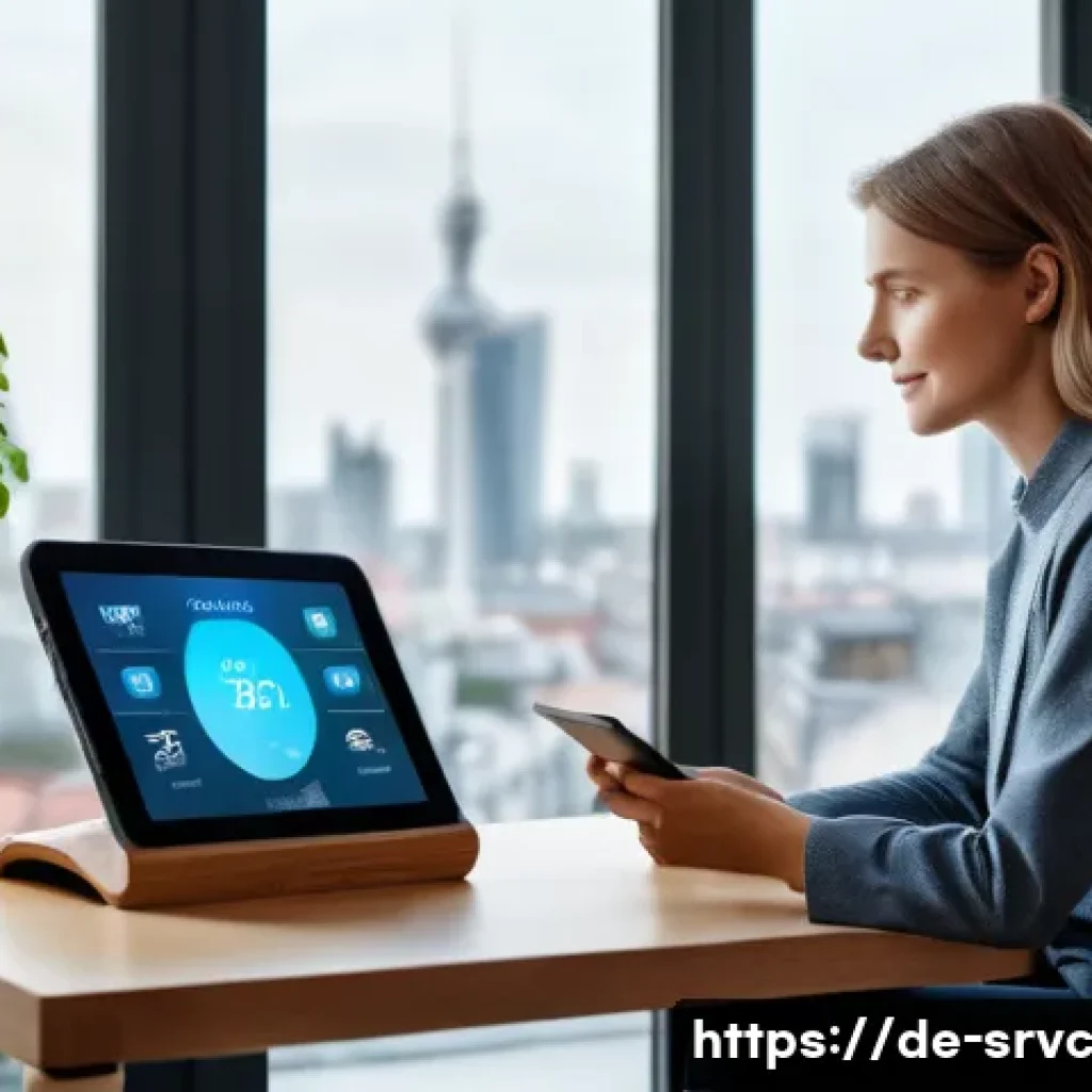 AI 집사 서비스의 인사이트 얻기 - A modern German living room featuring a sleek smart home setup with an AI butler device on a side ta...