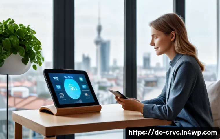 AI 집사 서비스의 인사이트 얻기 - A modern German living room featuring a sleek smart home setup with an AI butler device on a side ta...