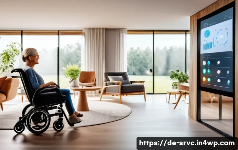 AI 집사 서비스와 사회적 책임 - A modern smart home interior with a diverse middle-aged German family interacting with a transparent...