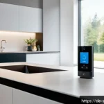 AI 집사 서비스의 새로운 기능 업데이트 - A modern smart home interior in Germany featuring an AI butler interface displayed on a sleek touchs...