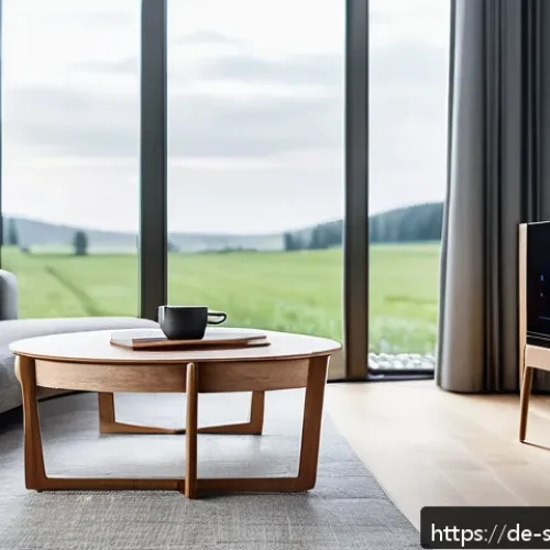 AI 집사 서비스와 관련된 소비자 행동 연구 - A modern German living room scene showcasing a sleek AI-Butler device on a minimalist wooden side ta...