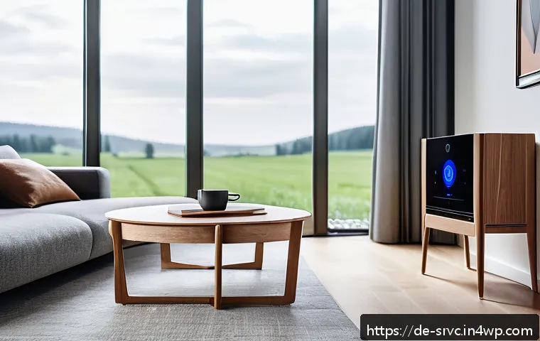 AI 집사 서비스와 관련된 소비자 행동 연구 - A modern German living room scene showcasing a sleek AI-Butler device on a minimalist wooden side ta...