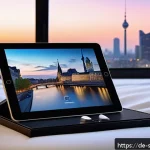 AI 집사 서비스의 글로벌 성공 사례 - A modern luxury hotel room featuring a sleek AI-butler interface on a smart tablet beside the bed, a...
