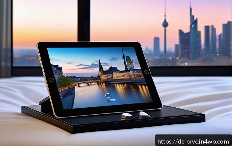 AI 집사 서비스의 글로벌 성공 사례 - A modern luxury hotel room featuring a sleek AI-butler interface on a smart tablet beside the bed, a...