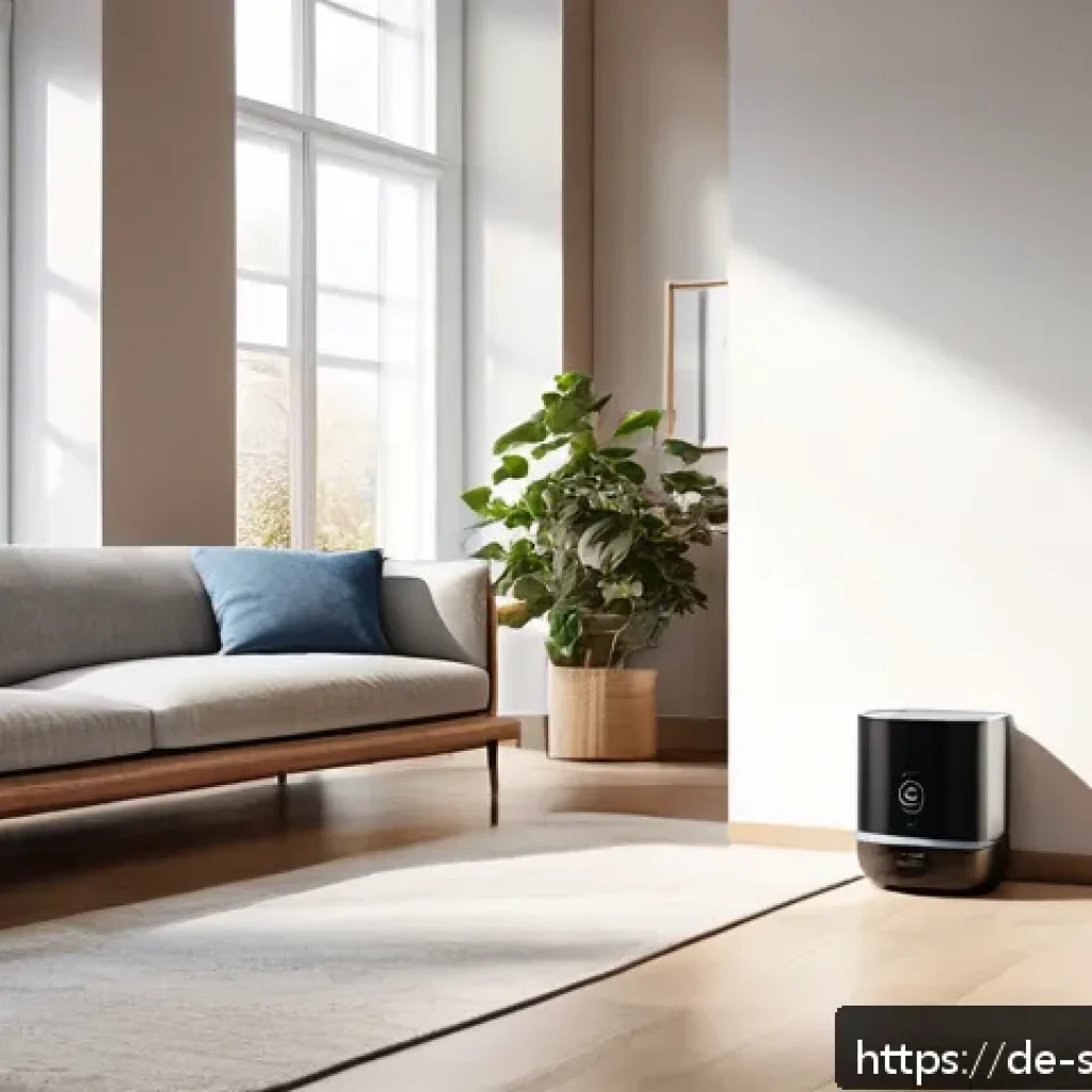 가정에서 사용할 수 있는 AI 집사 서비스 추천 - A modern German living room featuring a sleek AI-butler device on a side table, controlling smart ho...