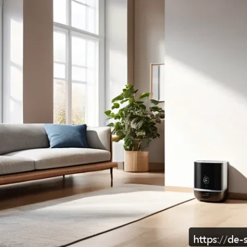 가정에서 사용할 수 있는 AI 집사 서비스 추천 - A modern German living room featuring a sleek AI-butler device on a side table, controlling smart ho...