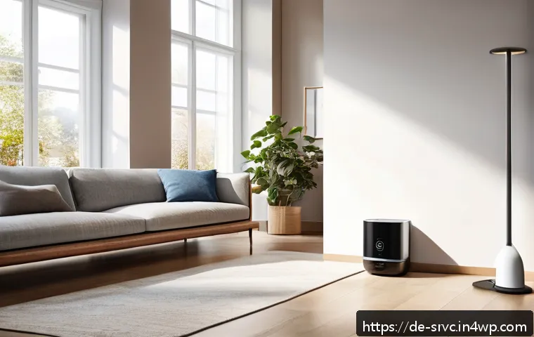 가정에서 사용할 수 있는 AI 집사 서비스 추천 - A modern German living room featuring a sleek AI-butler device on a side table, controlling smart ho...
