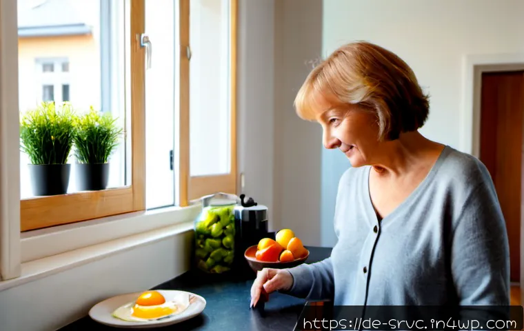 Home 17 AI 집사 서비스와 인간의 협업 가능성 - Photorealistic modern German apartment kitchen in the early morning, a friendly elderly German woman...